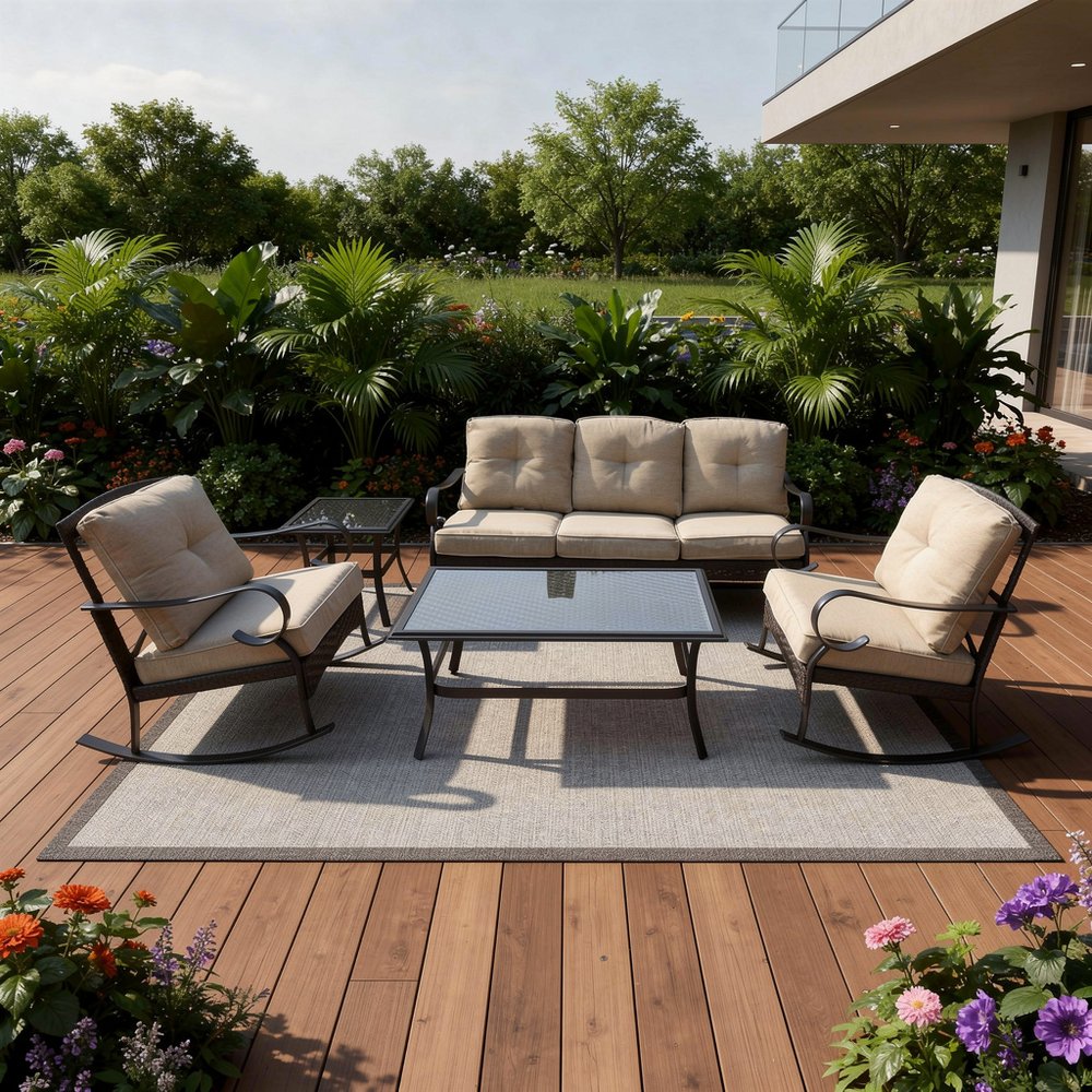 5-Piece Black and Beige Metal Outdoor Patio Conversation Set with Table