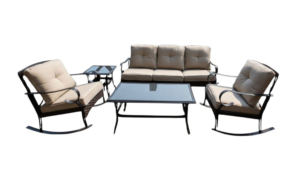 5-Piece Black and Beige Metal Outdoor Patio Conversation Set with Table