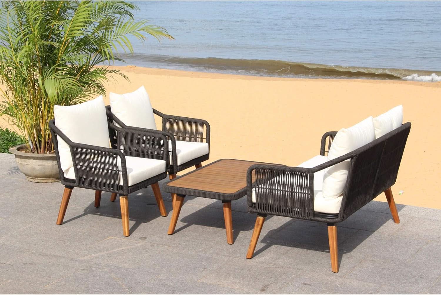 Outdoor Patio 4-Piece Eucalyptus Rope Furniture Set