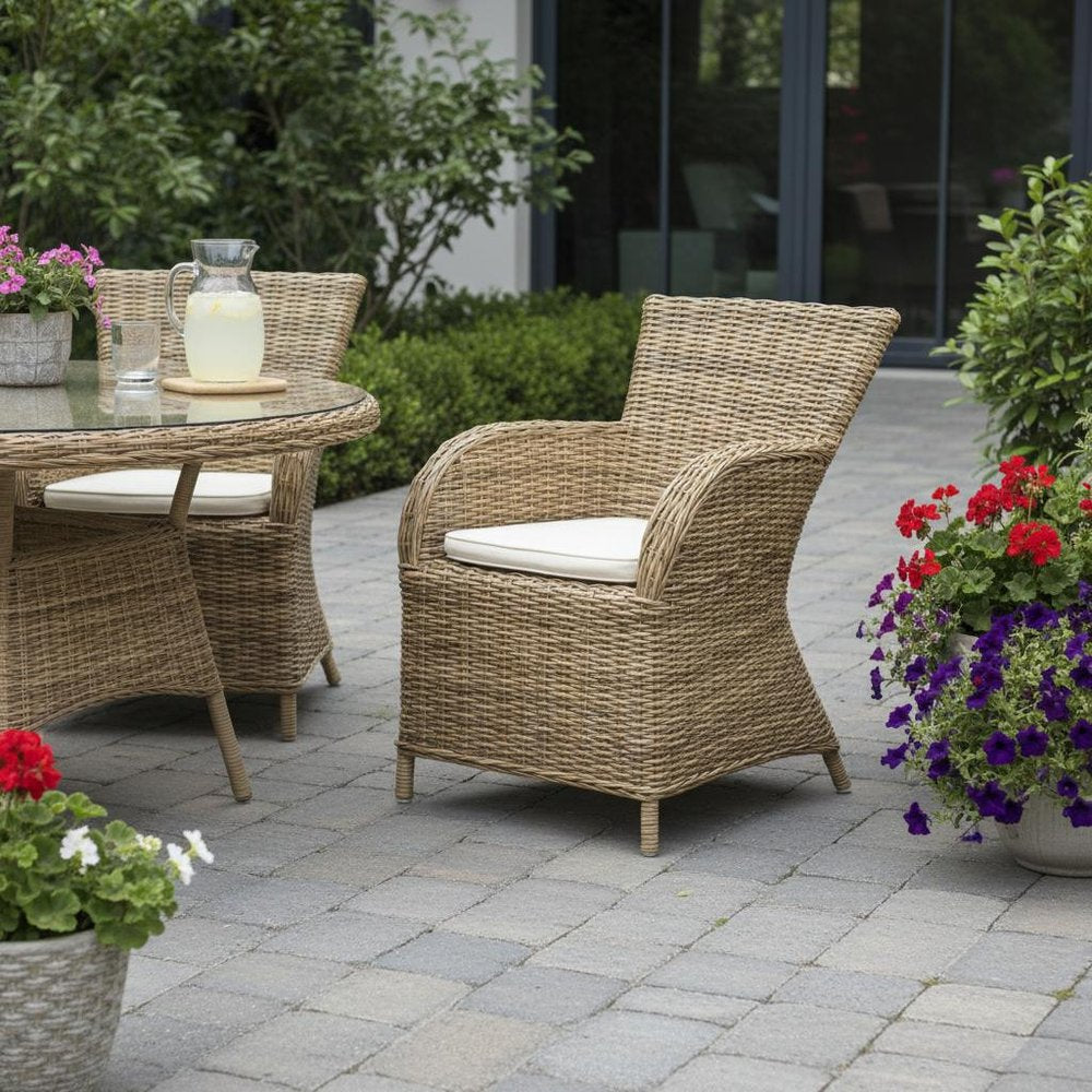 2-Piece Tan Textured Outdoor Patio Dining Chairs with Beige Cushions - Outdoor Patio Chair