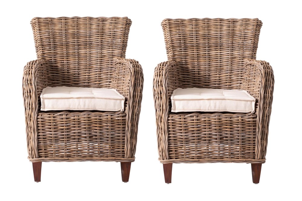 2-Piece Cream & Natural Woven Rattan Outdoor Patio Dining Chairs with Cream Cushion - Outdoor Patio Chair