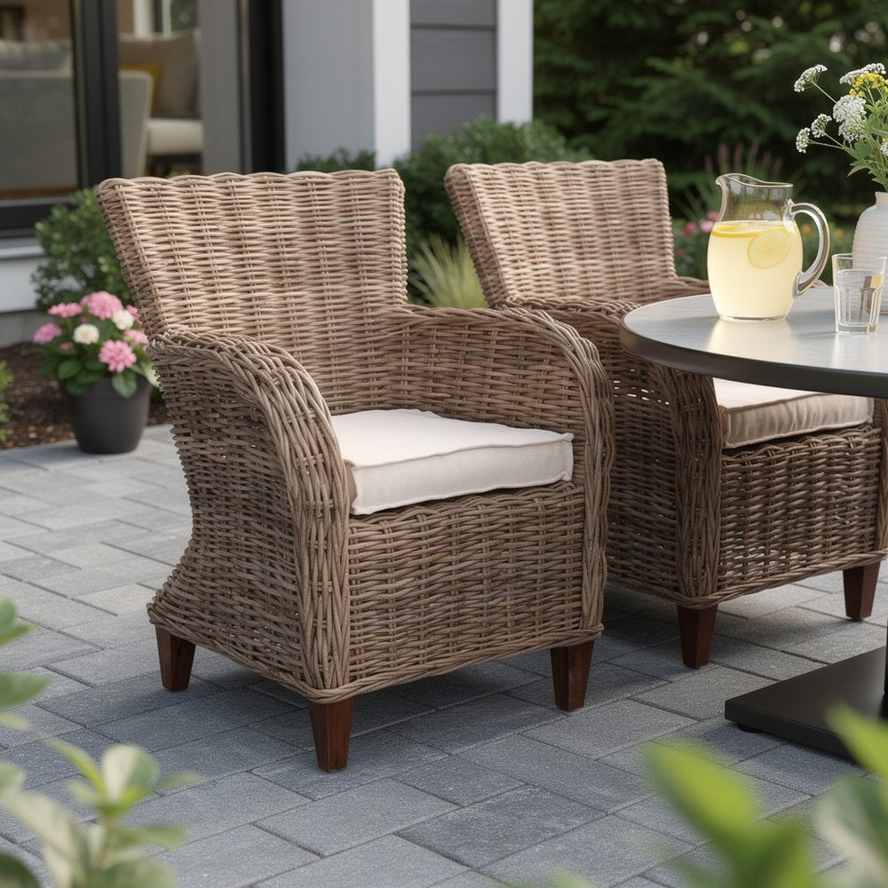 2-Piece Cream & Natural Woven Rattan Outdoor Patio Dining Chairs with Cream Cushion - Outdoor Patio Chair