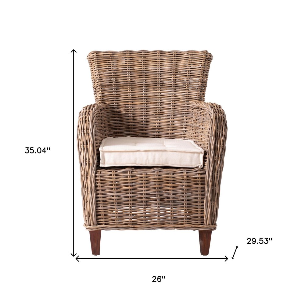 2-Piece Cream & Natural Woven Rattan Outdoor Patio Dining Chairs with Cream Cushion - Outdoor Patio Chair