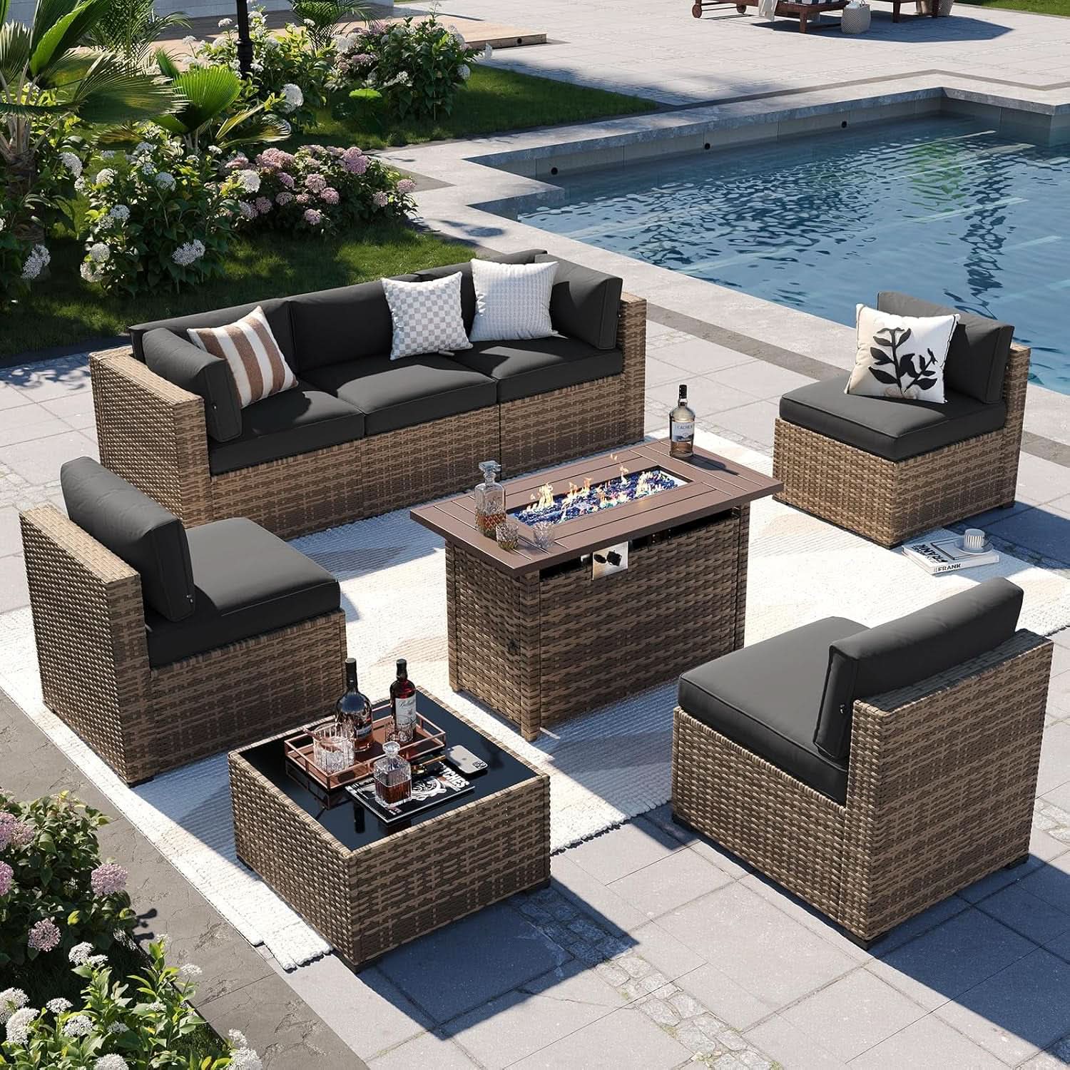 Outdoor Patio Conversation Set with Fire Pit Table and Cushions