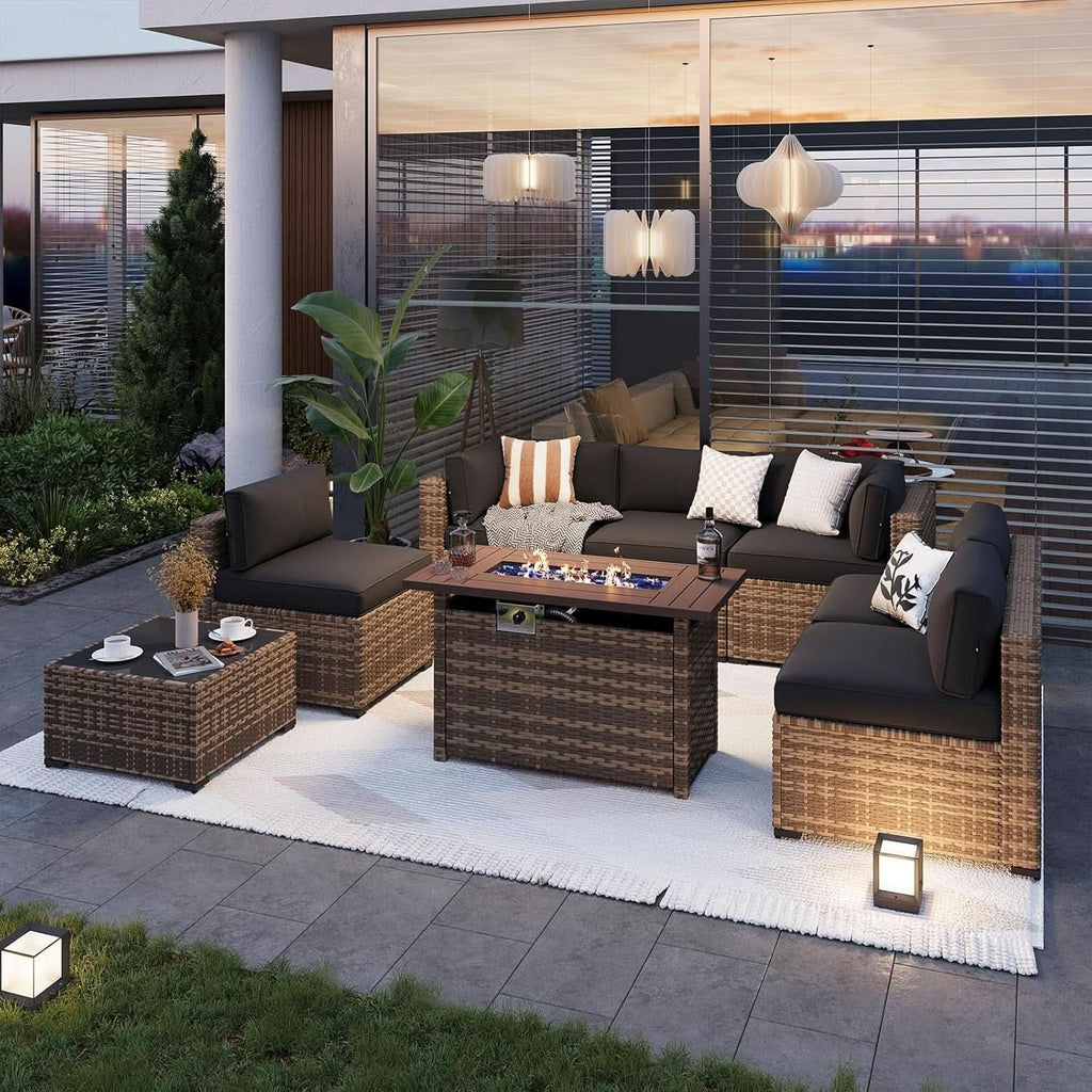 Outdoor Patio Conversation Set with Fire Pit Table and Cushions