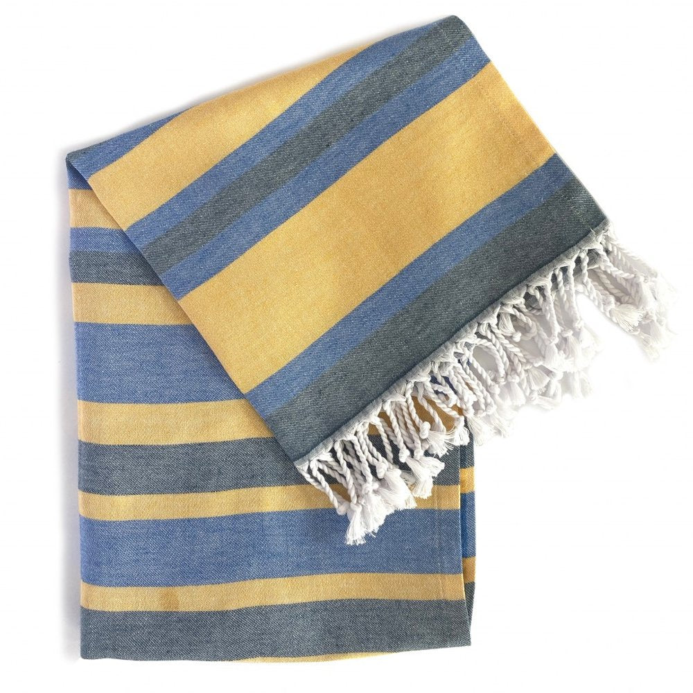 Outdoor Denim Blue and Yellow Striped Turkish Towel Beach Blanket