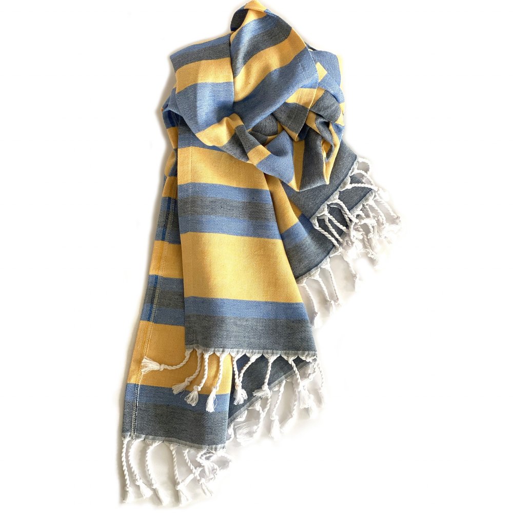 Outdoor Denim Blue and Yellow Striped Turkish Towel Beach Blanket