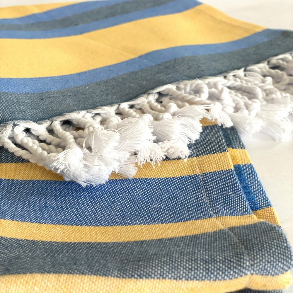 Outdoor Denim Blue and Yellow Striped Turkish Towel Beach Blanket