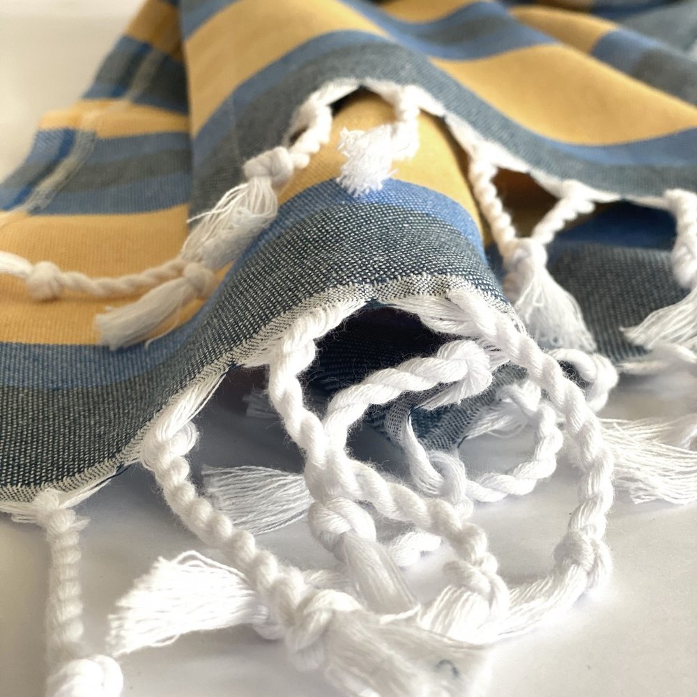Outdoor Denim Blue and Yellow Striped Turkish Towel Beach Blanket