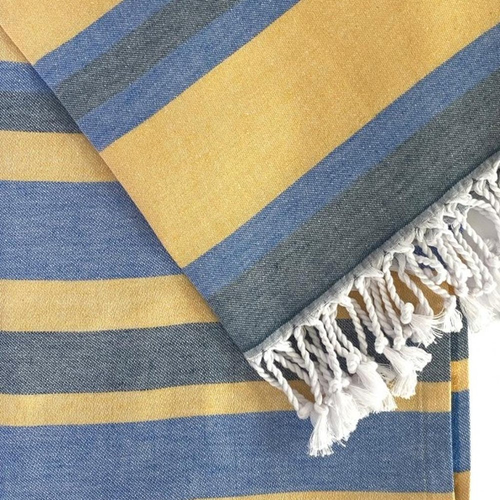 Outdoor Denim Blue and Yellow Striped Turkish Towel Beach Blanket