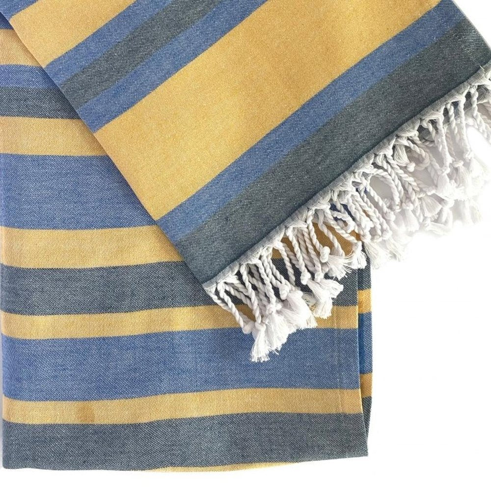 Outdoor Denim Blue and Yellow Striped Turkish Towel Beach Blanket