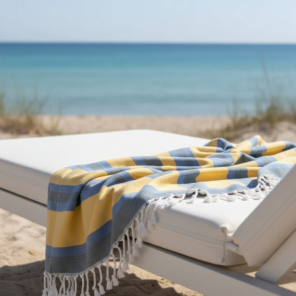 Outdoor Denim Blue and Yellow Striped Turkish Towel Beach Blanket