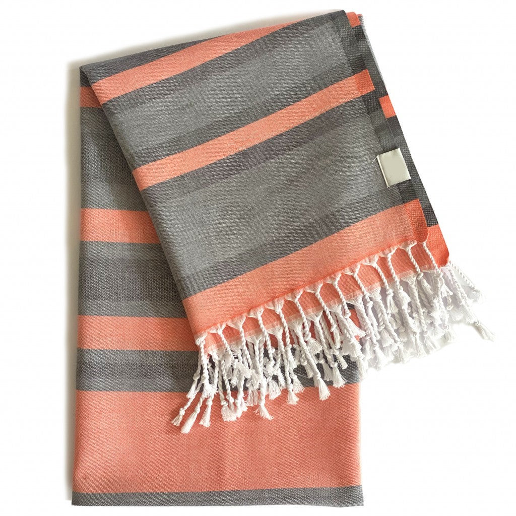 Outdoor Peach and Dark Grey Striped Design Turkish Beach Blanket