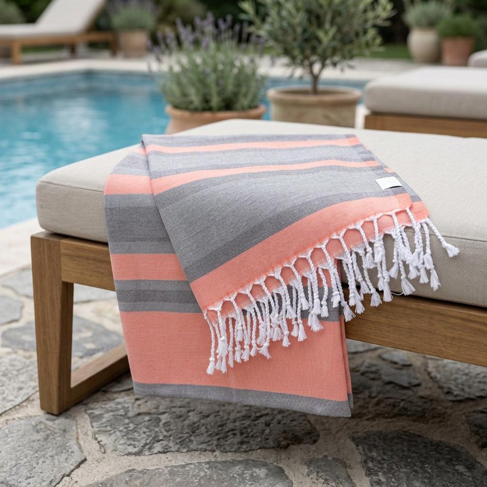 Outdoor Peach and Dark Grey Striped Design Turkish Beach Blanket