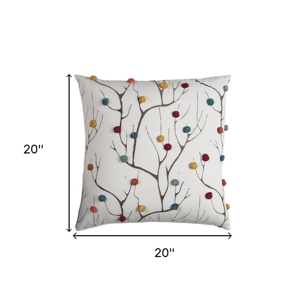 20" White & Black Coral Indoor/Outdoor Patio Throw Pillow with Pompoms