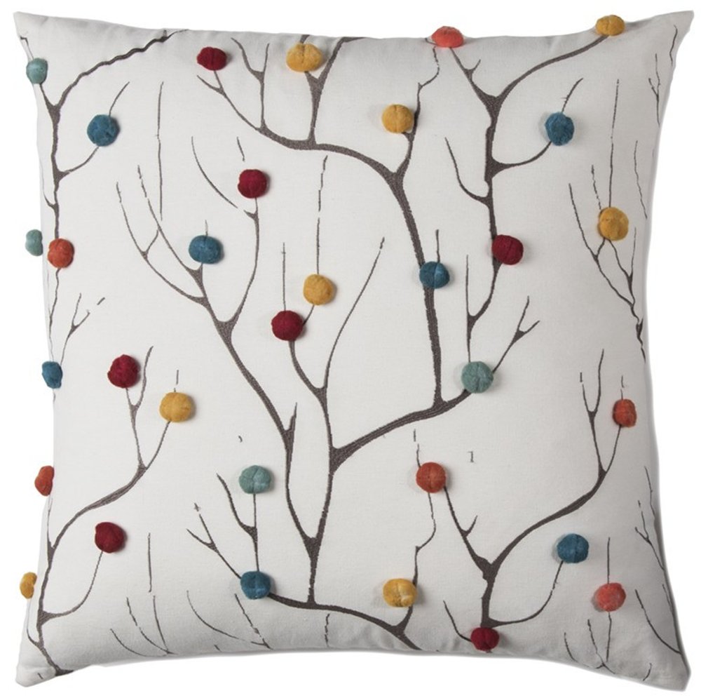 20" White & Black Coral Indoor/Outdoor Patio Throw Pillow with Pompoms