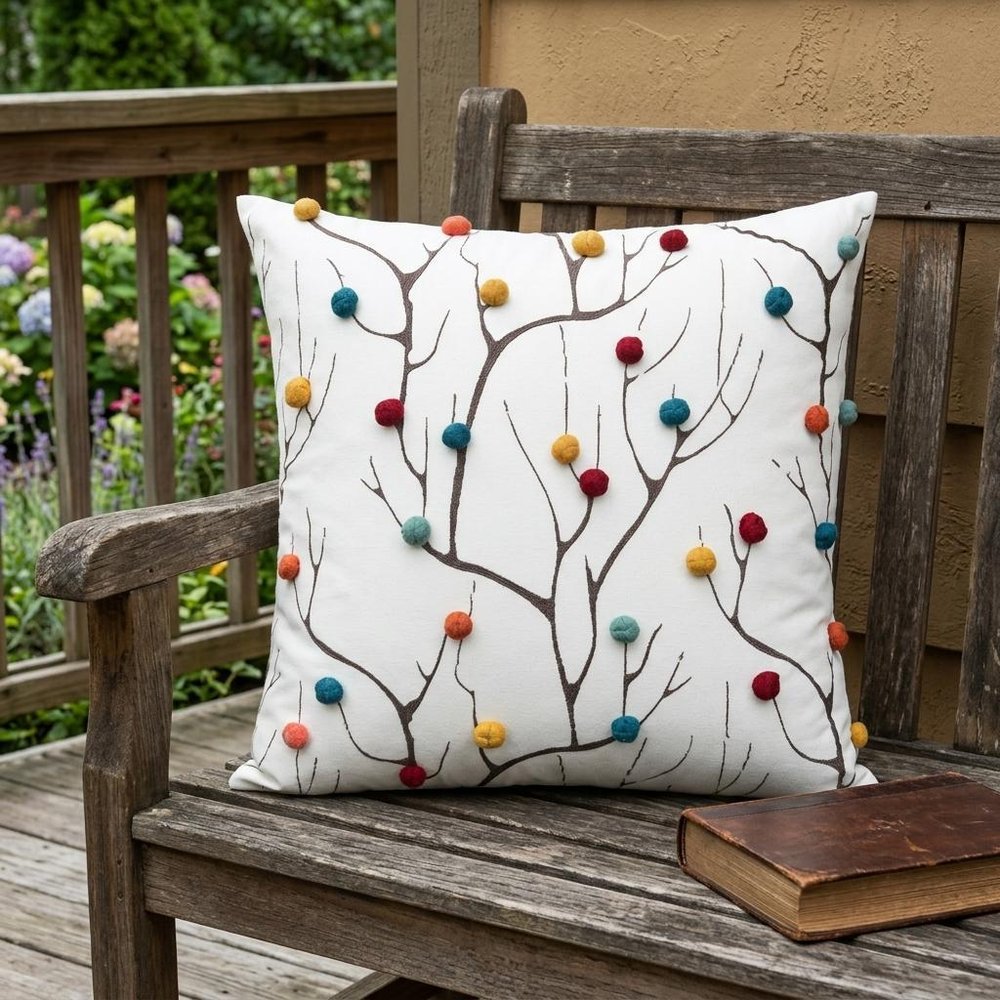 20" White & Black Coral Indoor/Outdoor Patio Throw Pillow with Pompoms