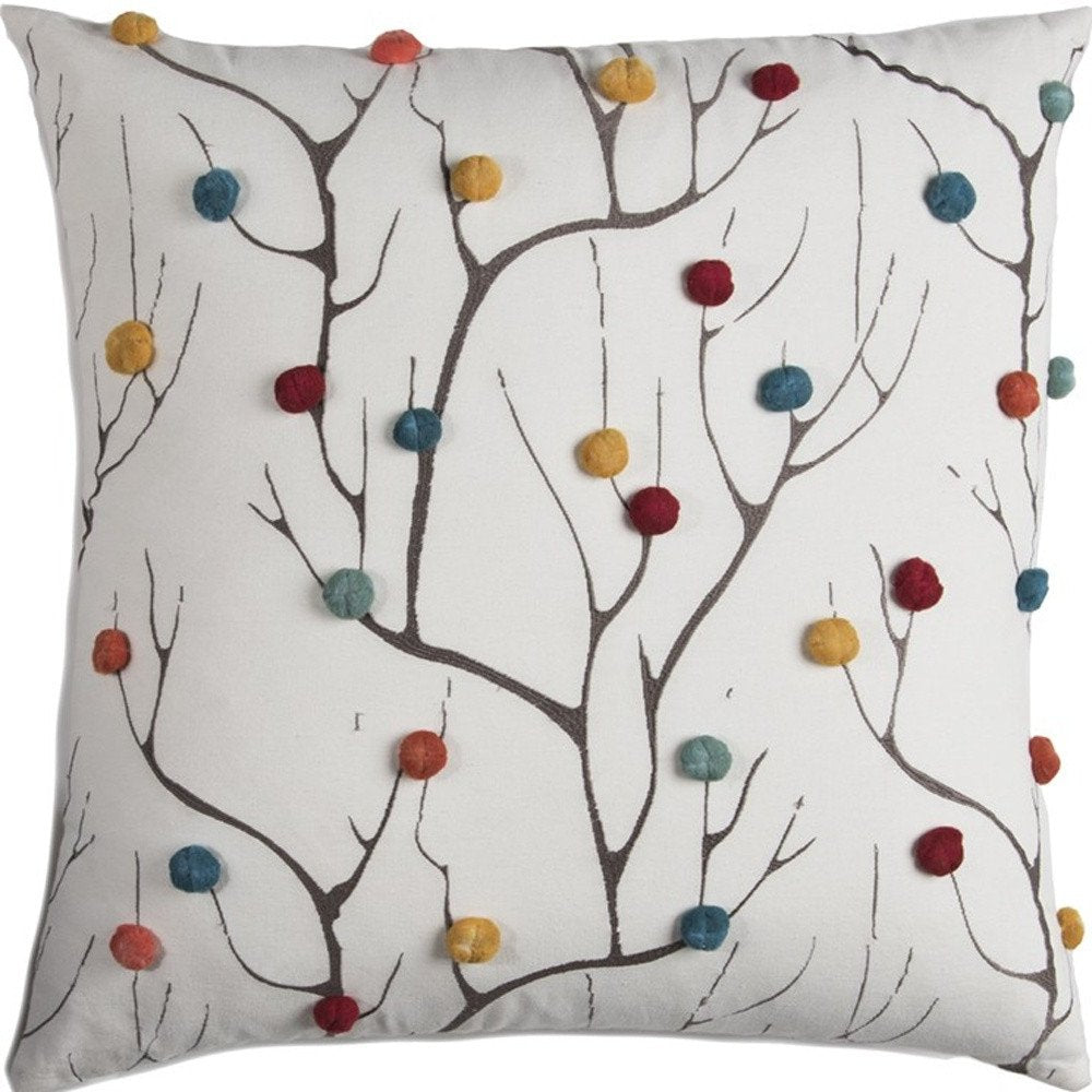 20" White & Black Coral Indoor/Outdoor Patio Throw Pillow with Pompoms