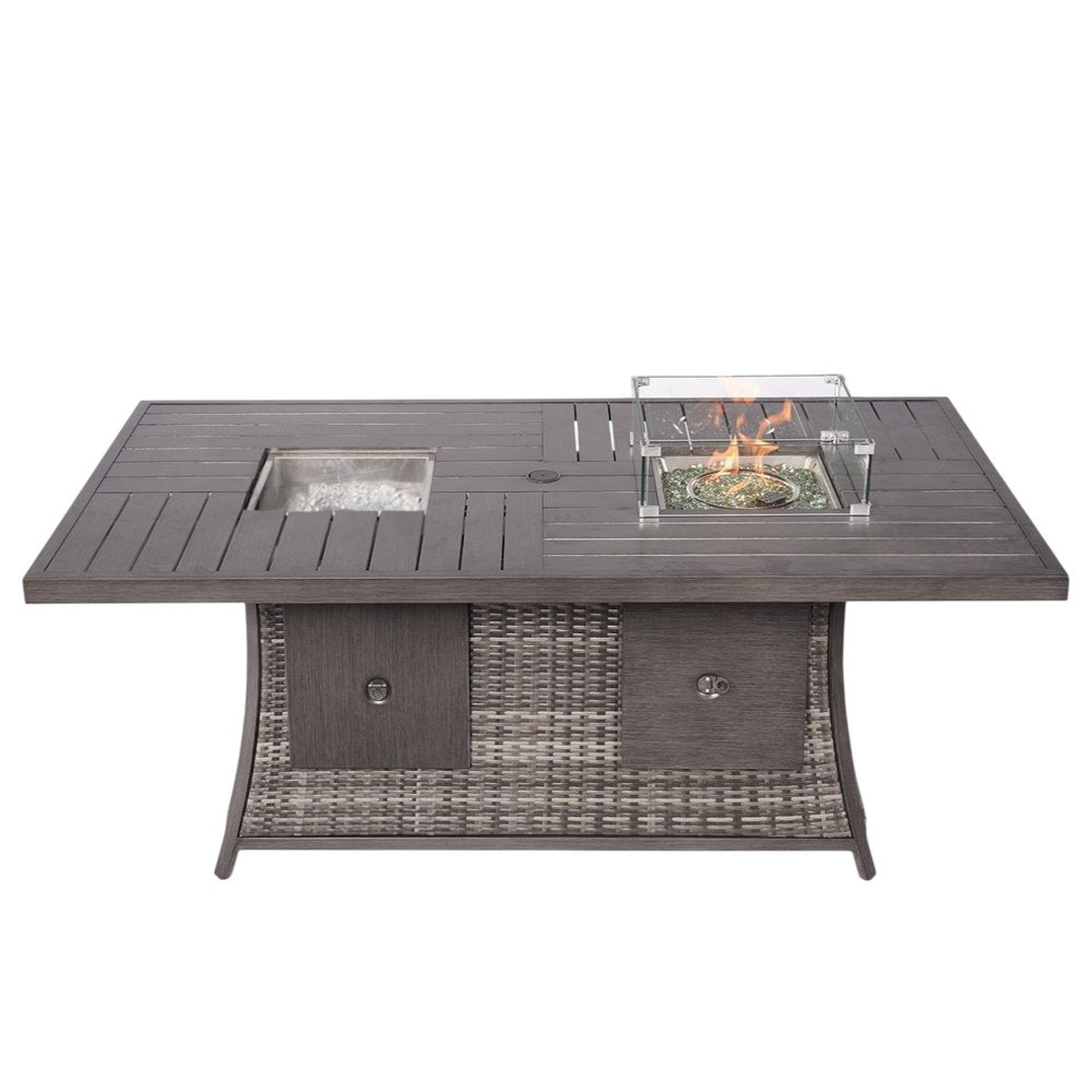 Gray Wicker Outdoor Patio Gas Fire Pit Table with Ice Bucket