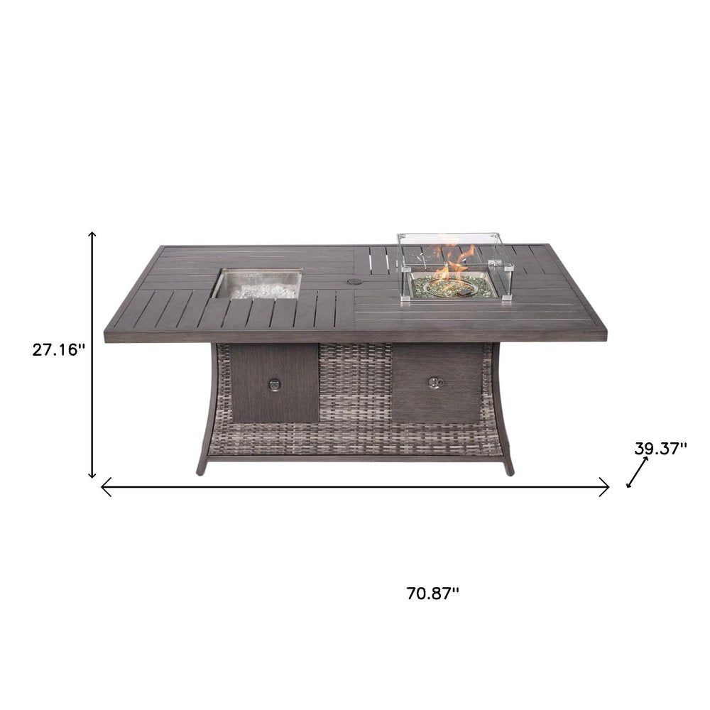 Gray Wicker Outdoor Patio Gas Fire Pit Table with Ice Bucket