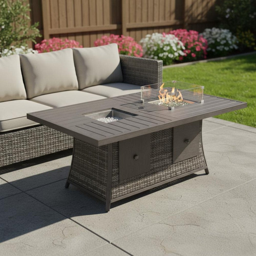 Gray Wicker Outdoor Patio Gas Fire Pit Table with Ice Bucket