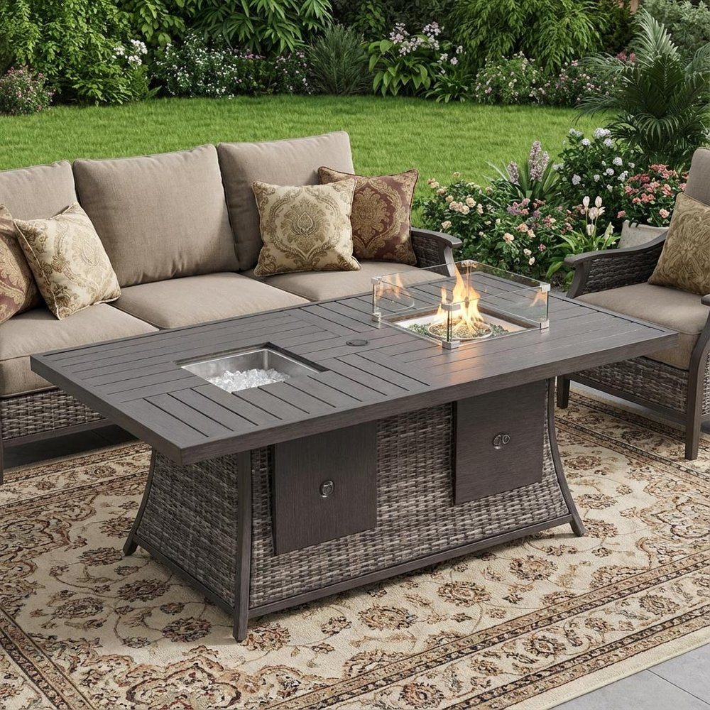 Gray Wicker Outdoor Patio Gas Fire Pit Table with Ice Bucket