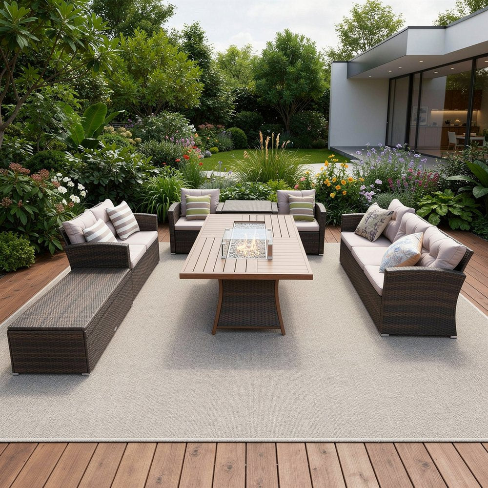 7-Piece Brown and Gray Wicker Outdoor Patio Sectional Conversation Set with Fire Pit & Table