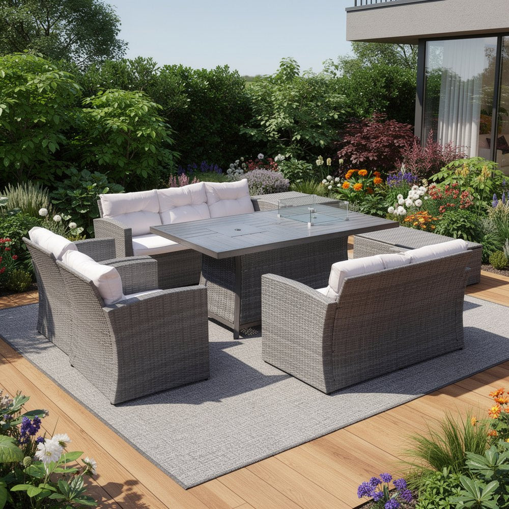 7-Piece Gray Wicker Upholstered Cushions Outdoor Patio Sectional Conversation Set with Fire Pit & Table