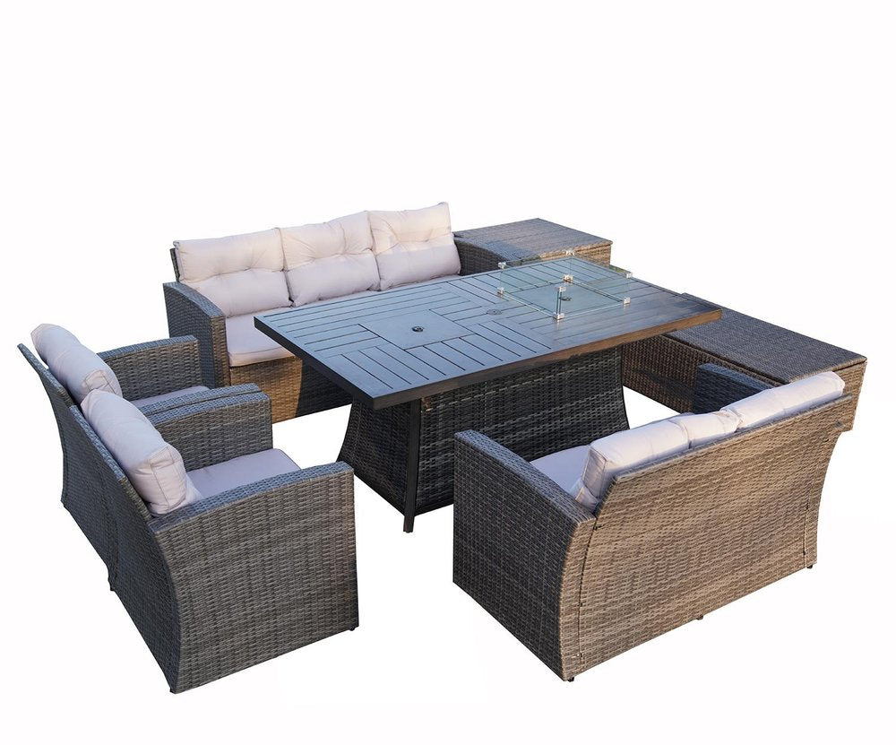 7-Piece Gray Wicker Upholstered Cushions Outdoor Patio Sectional Conversation Set with Fire Pit & Table