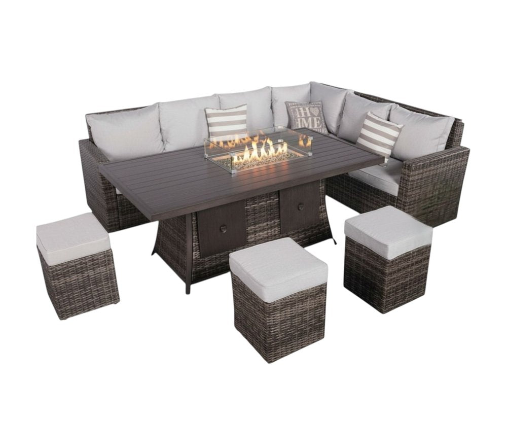 8-Piece Gray Wicker Upholstered Cushions Outdoor Patio Sectional Conversation Set with Fire Pit & Table
