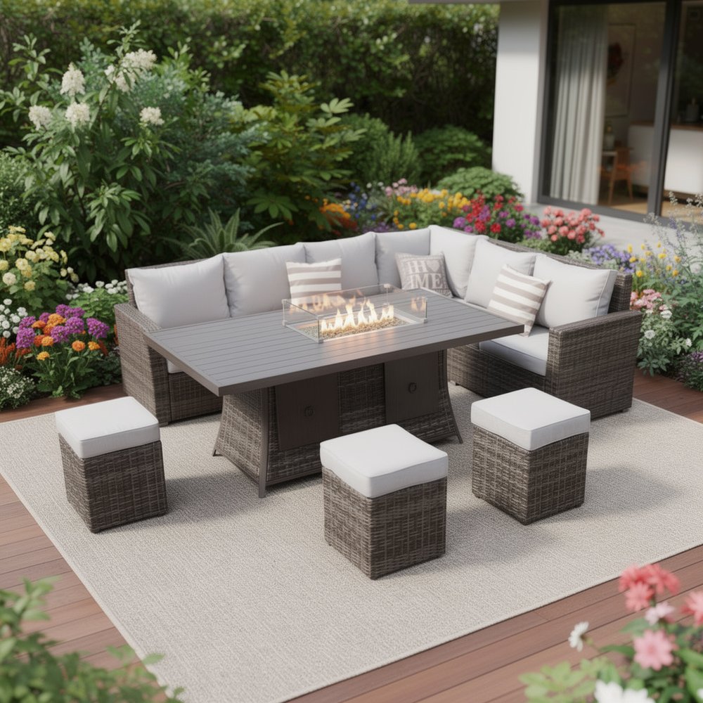 8-Piece Gray Wicker Upholstered Cushions Outdoor Patio Sectional Conversation Set with Fire Pit & Table