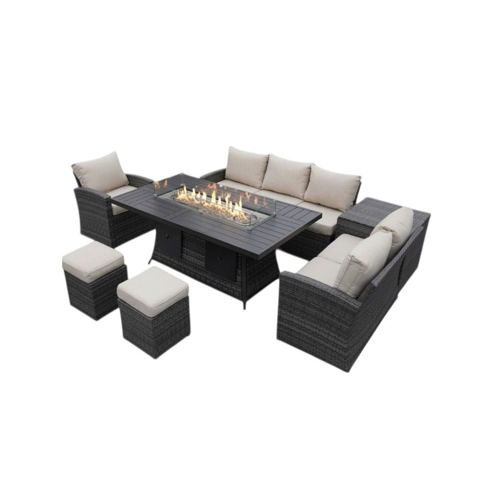 7-Piece Brown Wicker Upholstered Cushions Outdoor Patio Sectional Conversation Set with Fire Pit & Table