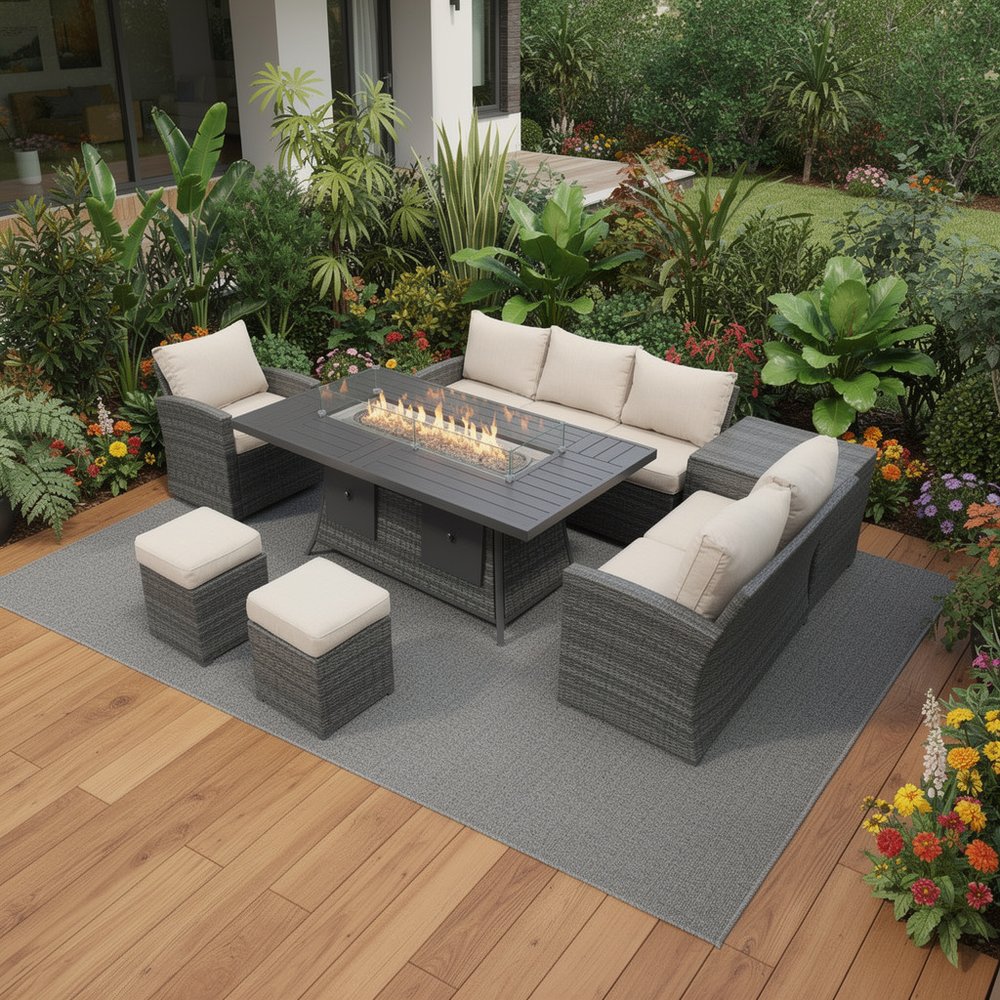 7-Piece Brown Wicker Upholstered Cushions Outdoor Patio Sectional Conversation Set with Fire Pit & Table