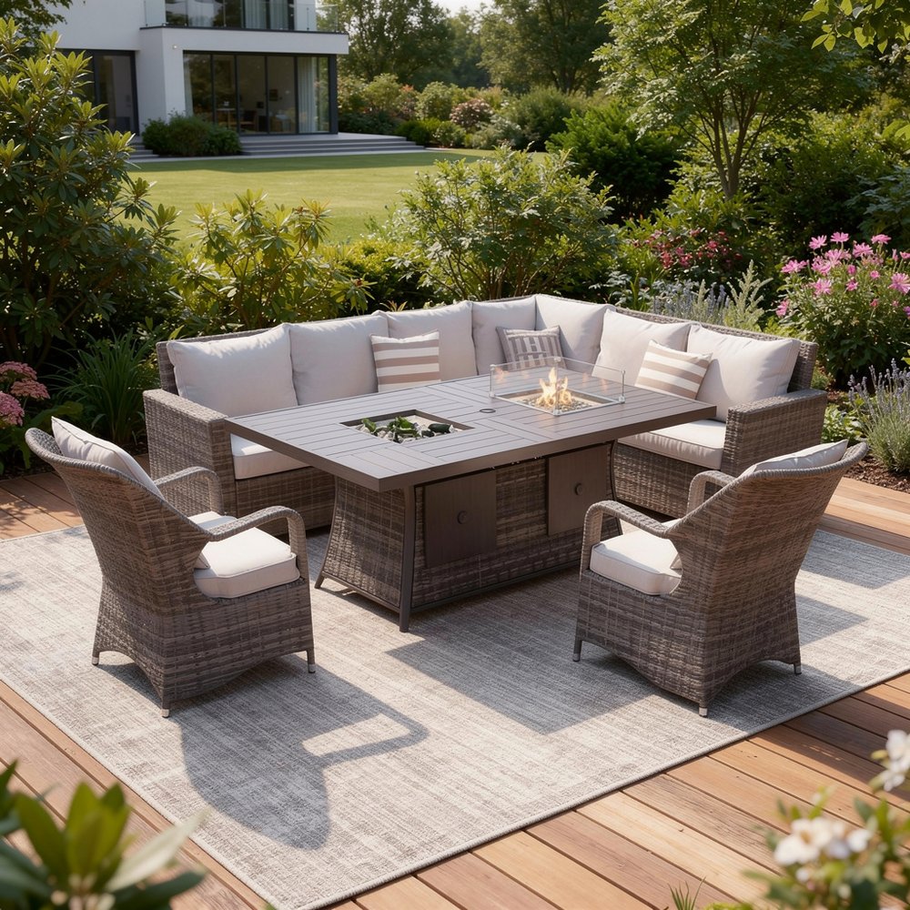 7-Piece Gray Wicker Upholstered Cushions Outdoor Patio Sectional Conversation Set with Fire Pit & Table