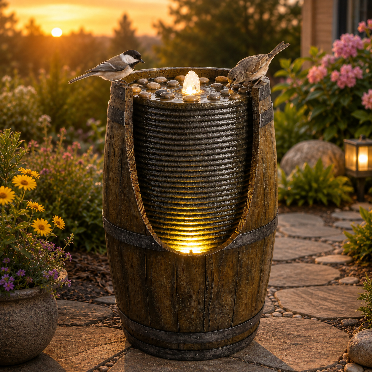 Outdoor Water Fountain with Bird Waterer