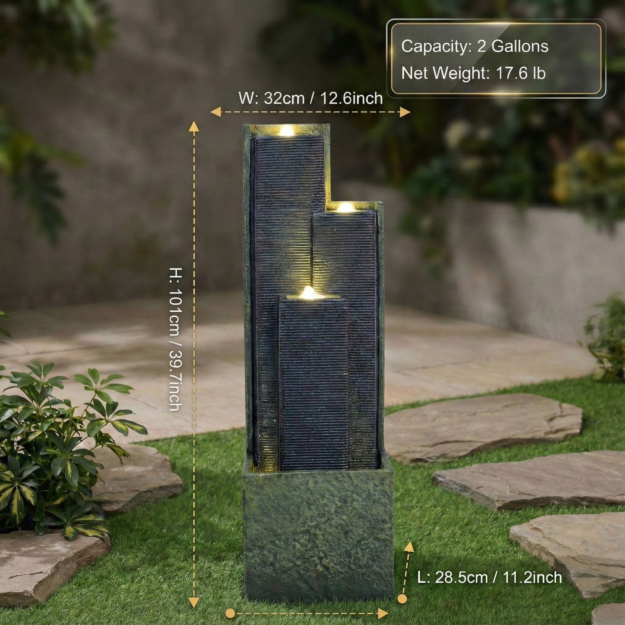 39'' H Outdoor Water Fountain with LED Lights