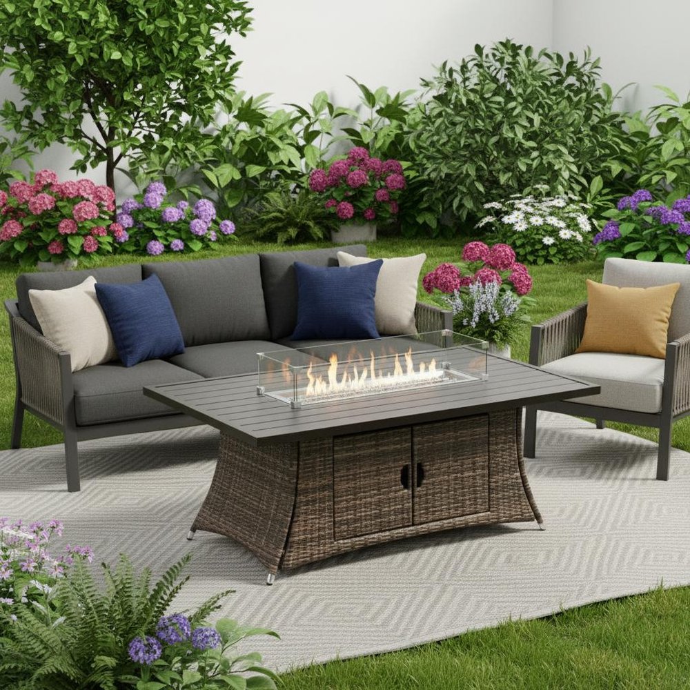 Brown Wicker Outdoor Patio Gas Outdoor Fire Pit Table
