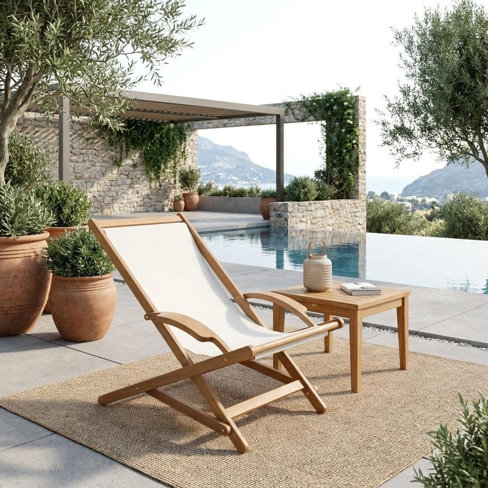 27" White and Natural Wood Solid Wood Indoor/Outdoor Patio Deck Chair