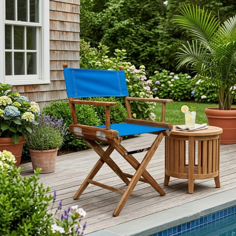 23" Blue and Natural Wood Solid Wood Indoor/Outdoor Patio Director Chair