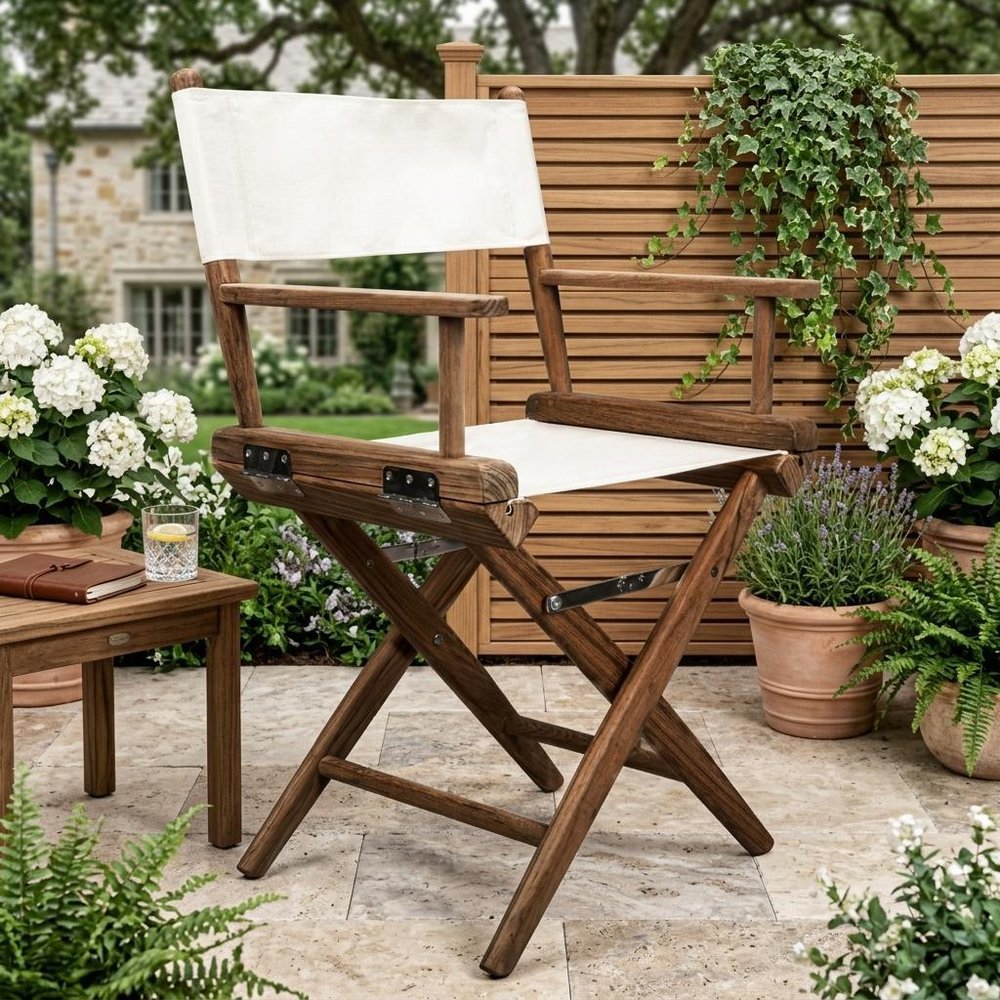 23" Brown and Ivory and Natural Wood Solid Wood Indoor/Outdoor Patio Director Chair