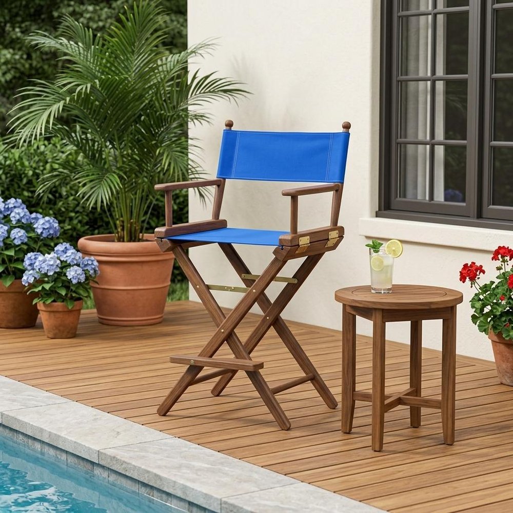 23" Blue and Brown Solid Wood Indoor/Outdoor Patio Director Chair