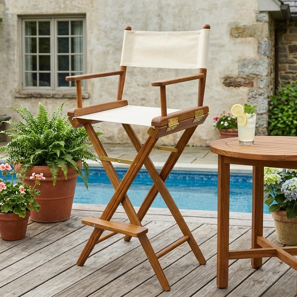 23" Ivory and Brown Solid Wood Indoor/Outdoor Patio Director Chair