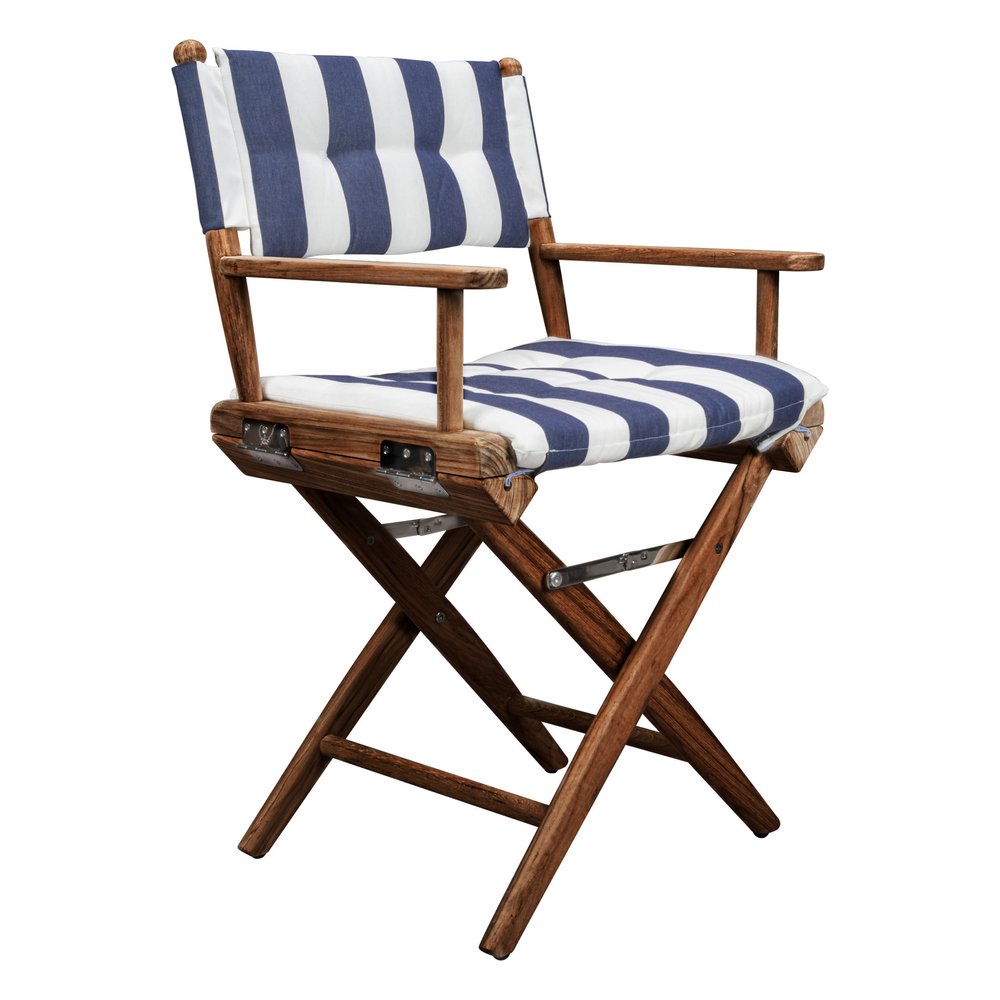 23" Blue and White and Natural Wood Solid Wood Indoor/Outdoor Patio Director Chair with Blue and White Cushion