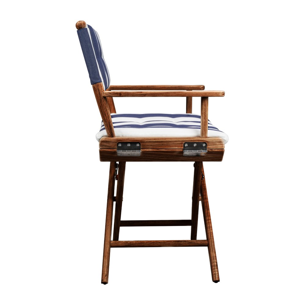 23" Blue and White and Natural Wood Solid Wood Indoor/Outdoor Patio Director Chair with Blue and White Cushion