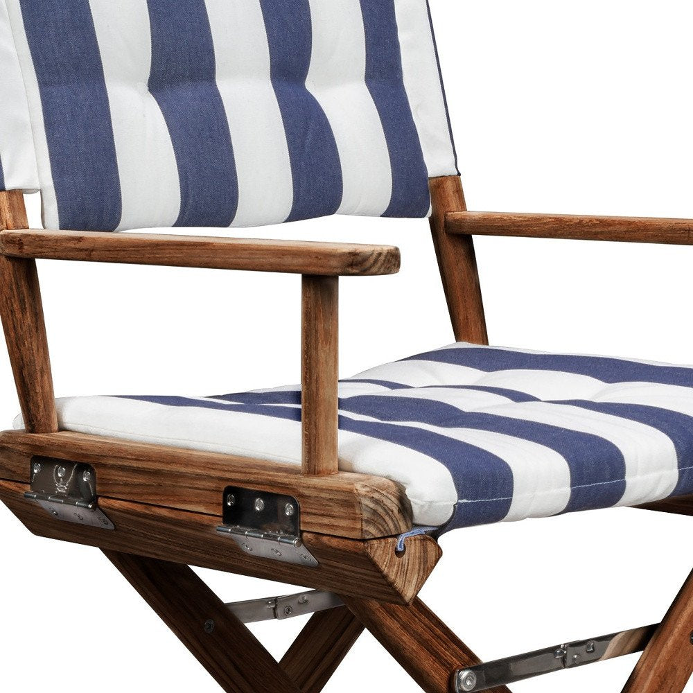 23" Blue and White and Natural Wood Solid Wood Indoor/Outdoor Patio Director Chair with Blue and White Cushion