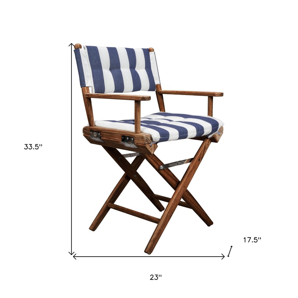 23" Blue and White and Natural Wood Solid Wood Indoor/Outdoor Patio Director Chair with Blue and White Cushion