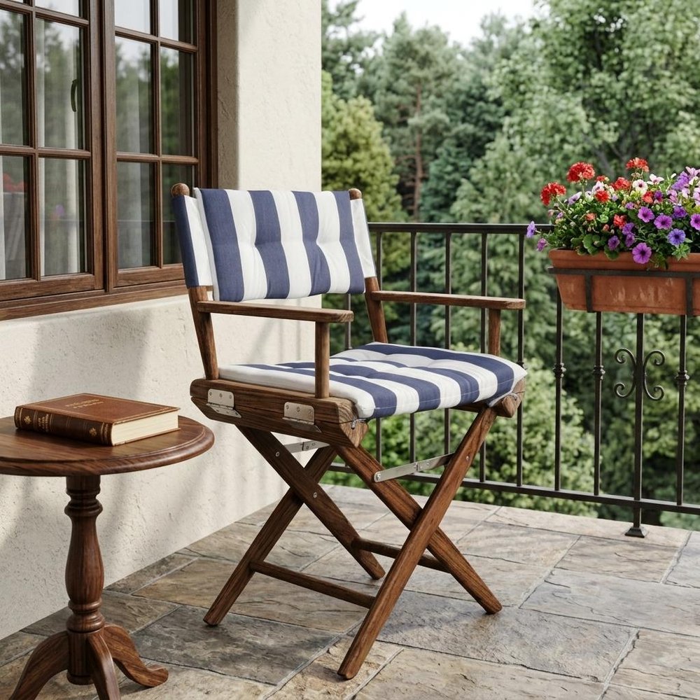 23" Blue and White and Natural Wood Solid Wood Indoor/Outdoor Patio Director Chair with Blue and White Cushion