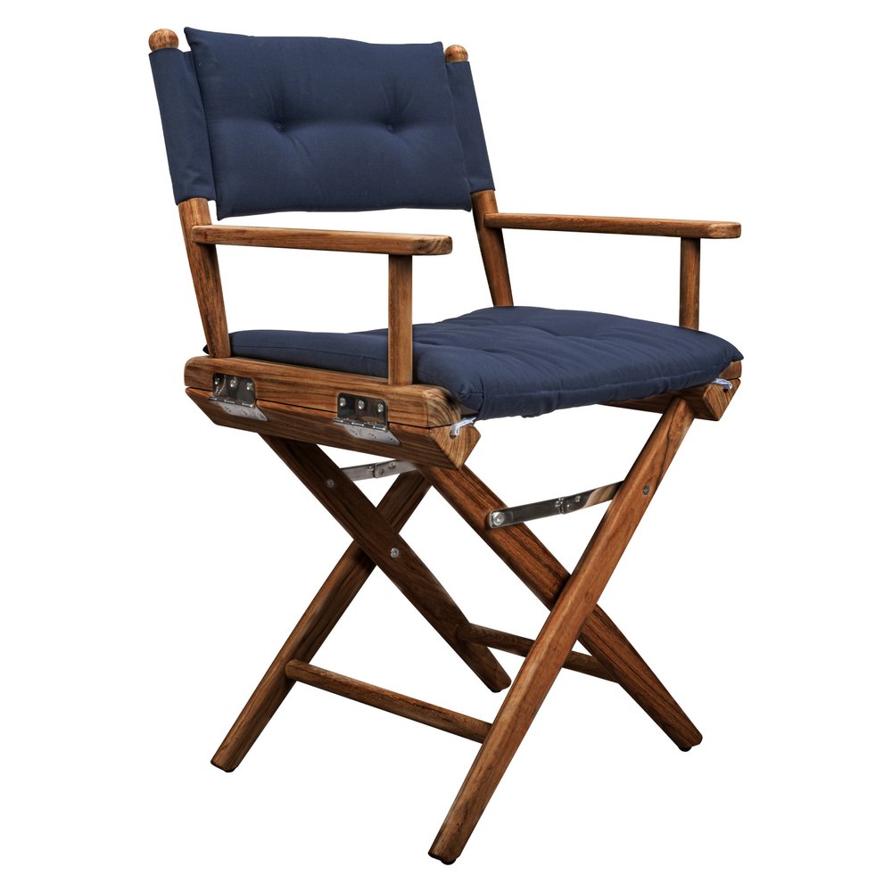 23" Navy Blue and Brown Solid Wood Indoor/Outdoor Patio Director Chair with Navy Blue Cushion