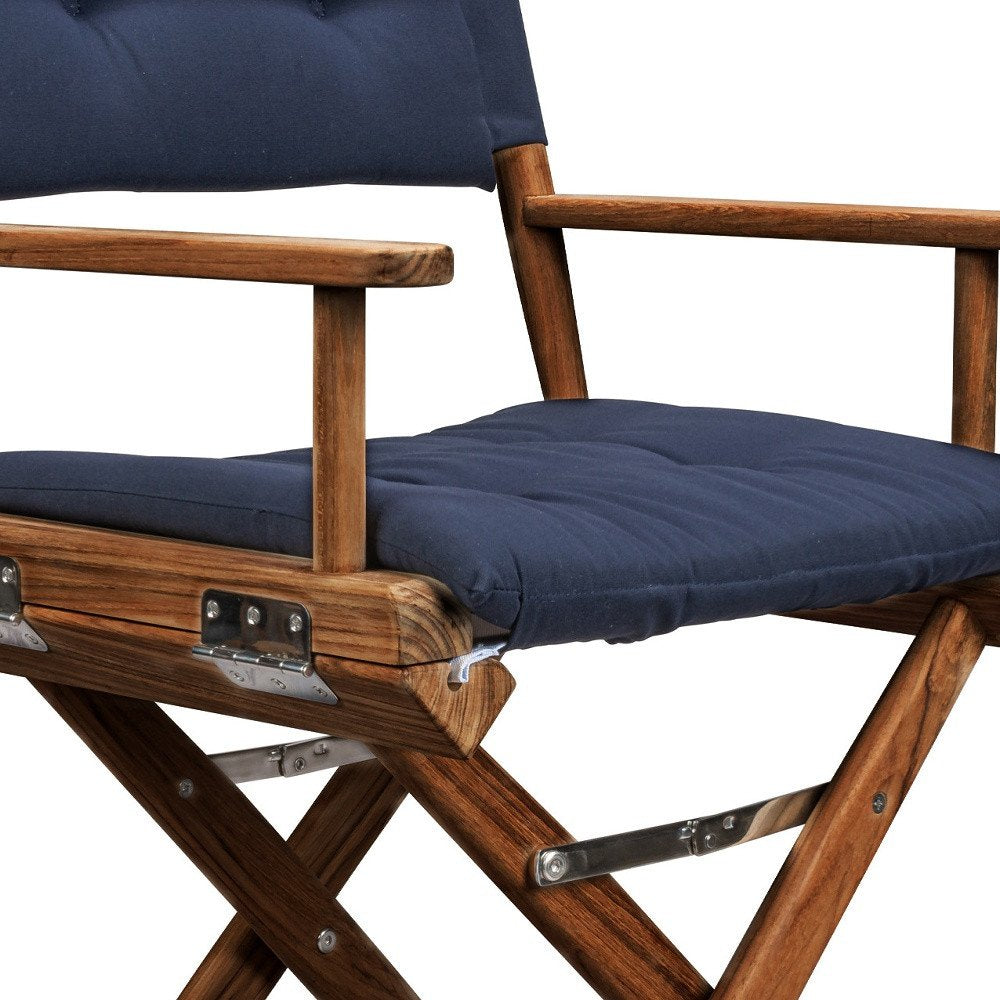 23" Navy Blue and Brown Solid Wood Indoor/Outdoor Patio Director Chair with Navy Blue Cushion