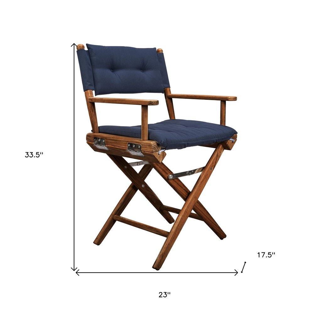 23" Navy Blue and Brown Solid Wood Indoor/Outdoor Patio Director Chair with Navy Blue Cushion